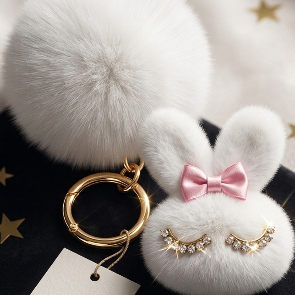 White Bunny Pom Pom Keychain with Pink Bow - Kids Accessories Or Bag Charm NIP